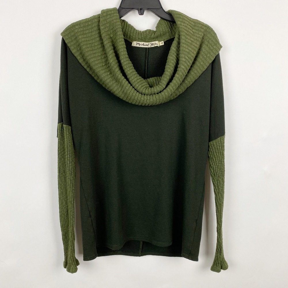 Michael Stars Cowl Neck Ribbed Contrast Dolman Top Womens OS Green